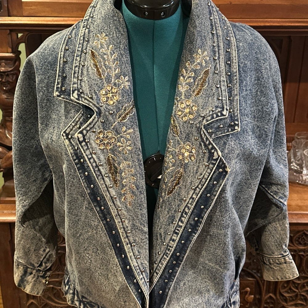 1980s Beaded Studded Double Lapel Denim Jacket